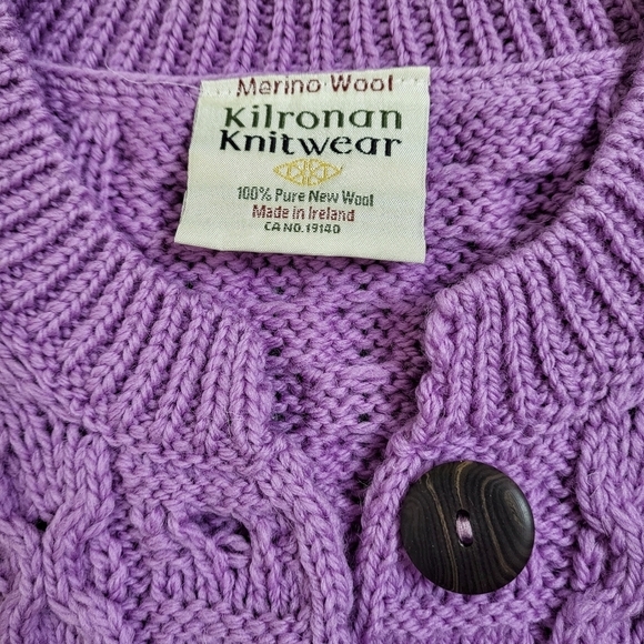 Kilronan Knitwear Cardigan Ireland Merino Wool Aran Style Lilac Rose Women’s S - Picture 5 of 9